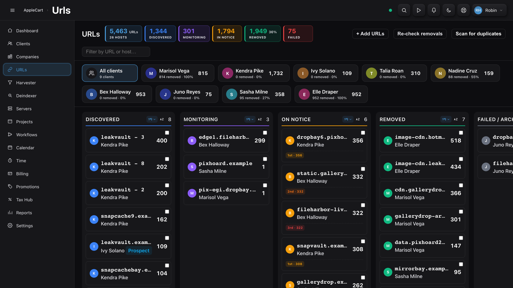 The URL pipeline board with Discovered, Monitoring, On Notice and Removed columns