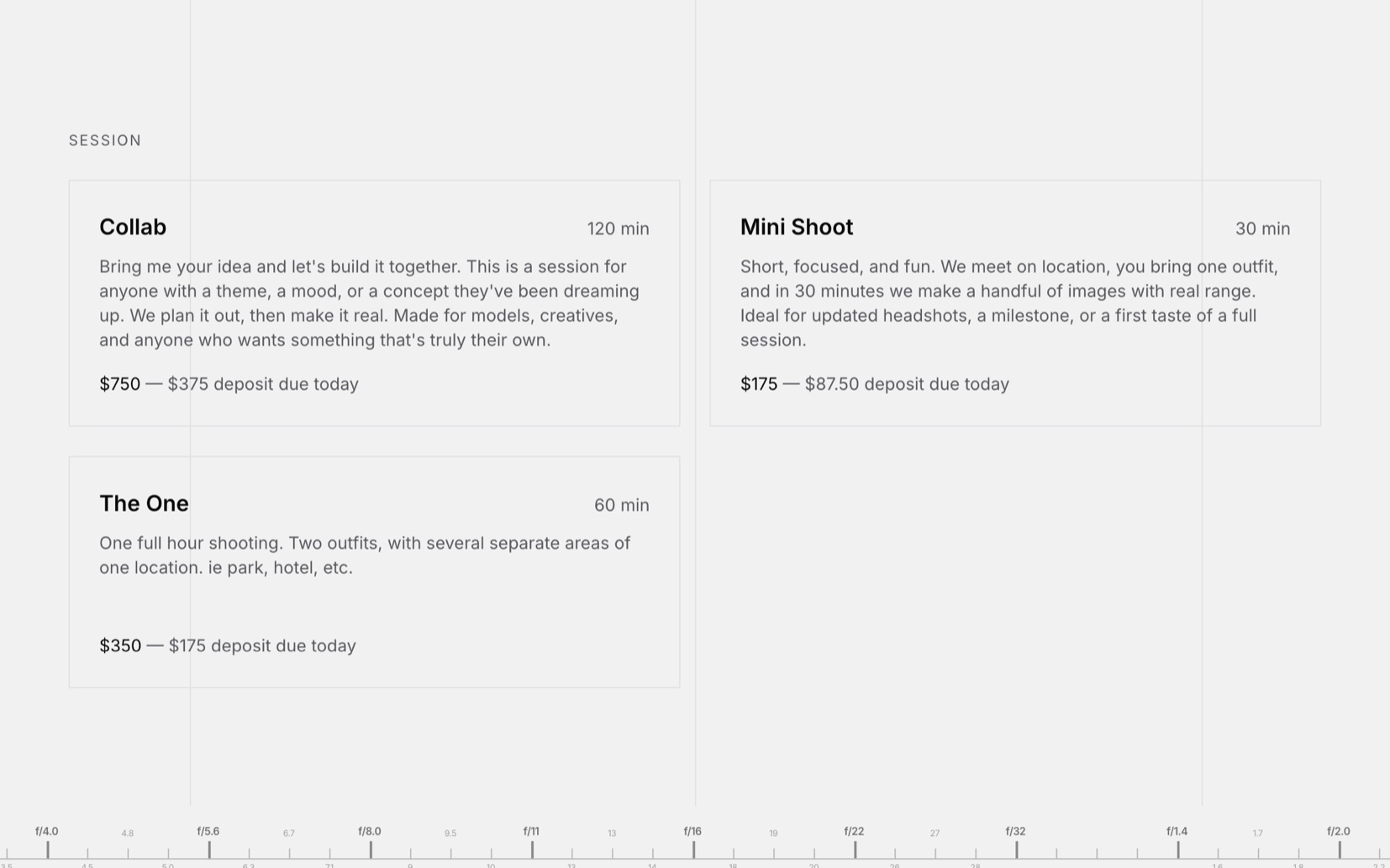The public booking page listing three session types with deposits