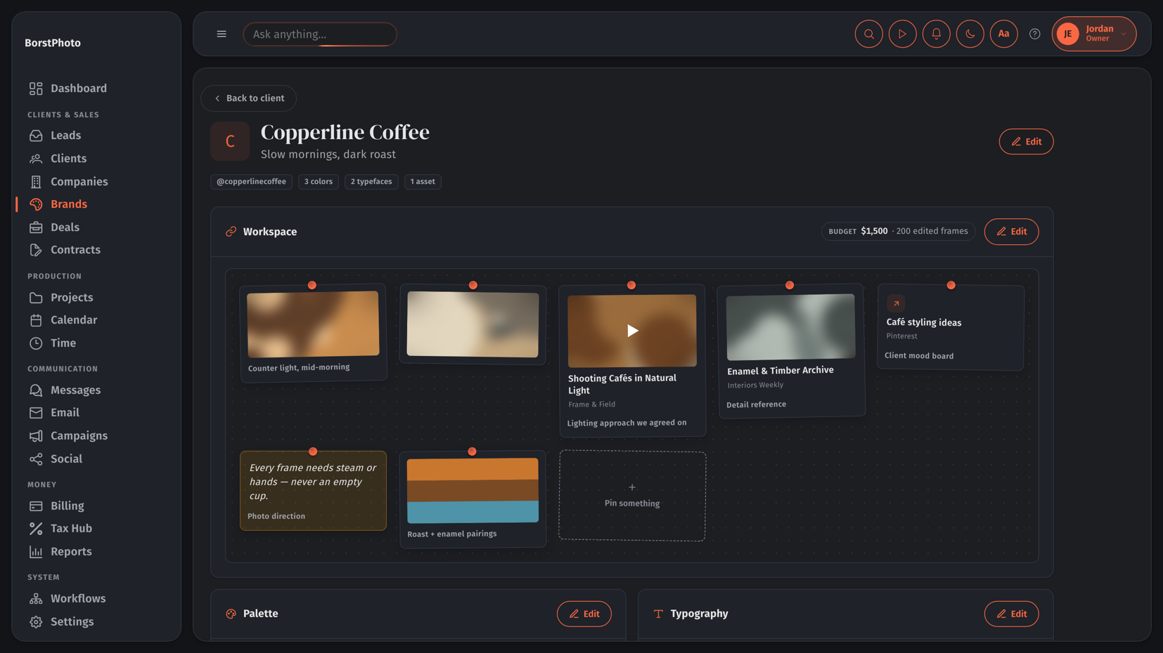 BorstPhoto CRM brand workspace with a pinned mood board, palette and typography