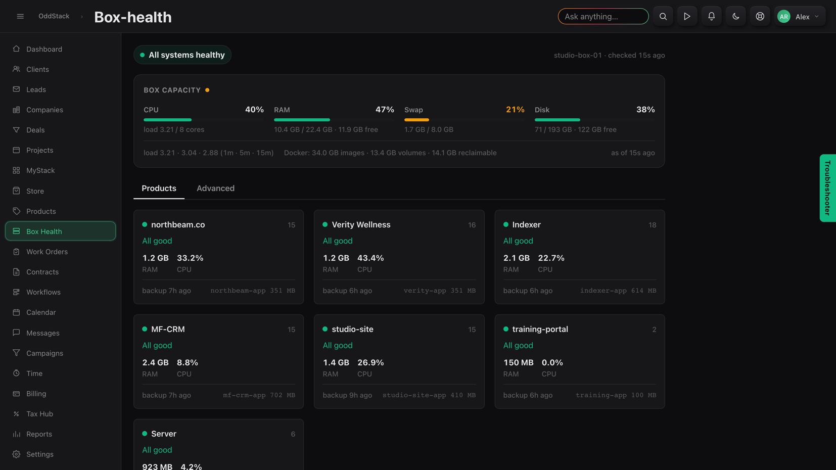 Box Health showing server capacity and per-product container health