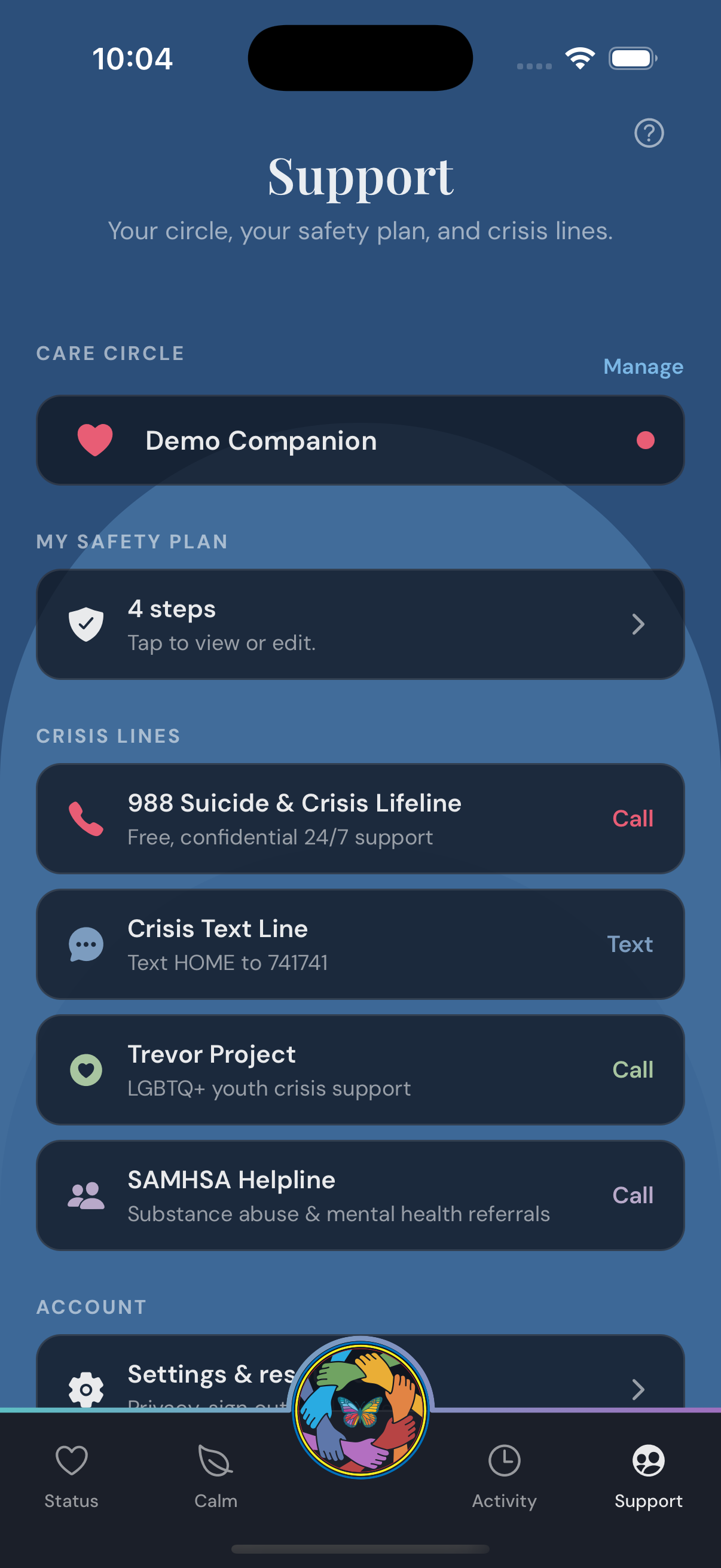 Support: circle, safety plan and crisis lines